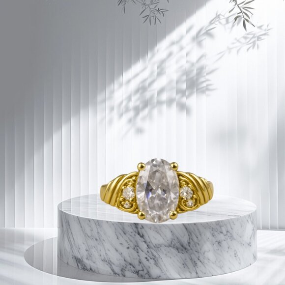 FAUX DIAMOND RING -- Five Faux Stones with Gold Toned Band, Etched with Swirls - Picture 6 of 6